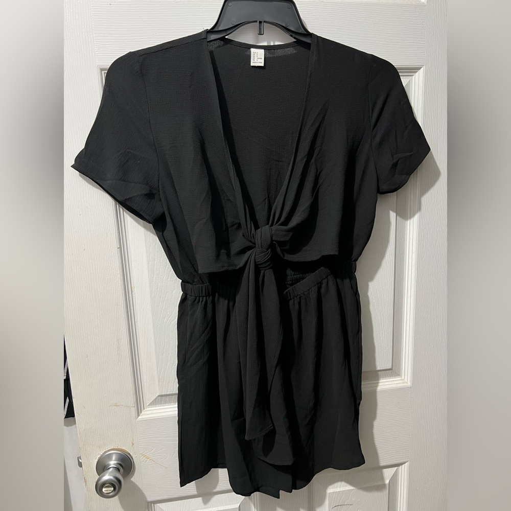 Black Tie-Front Short Sleeve Romper
